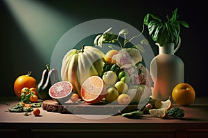 Full basket with vegetables and fruits, from the garden, rural life