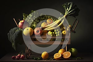 Full basket with vegetables and fruits, from the garden, rural life