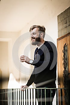 Full beard man is relaxing with the coffee