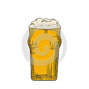 Full beer glass Pilsner with foam. Engraving style. Hand drawn