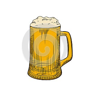 Full beer mug Pilsner with foam. Engraving style. Hand drawn