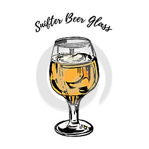 Full beer stemmed snifter glass of pale lager of pils isolated on white background. Vector hand drawn ink illustration