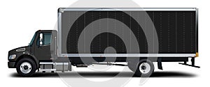 Full black Freightliner M2 delivery truck side view.