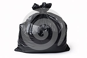 Full black garbage bag in front of white background