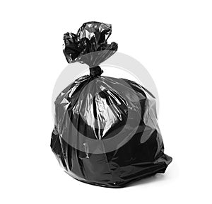 Full black garbage bag on white