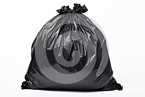 Full black plastic garbage bag in front of white background