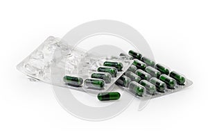 Full blister packing and started packing with green pharmaceutical capsules