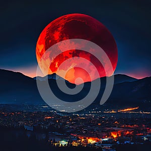 a full blood moon rises above the city lights in a dark sky