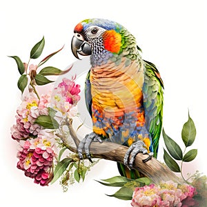 In Full Bloom, A Beautiful Parrot on a Flowers Branch, Isolated on White Background - Generative AI