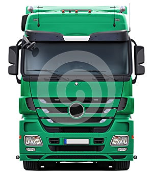 Full blue-green truck Mercedes Actros front view.