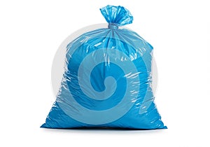 Full blue plastic garbage bag isolated on white background