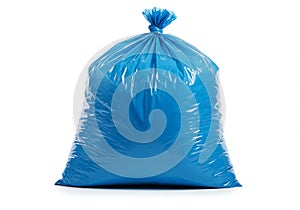 Full blue plastic garbage bag on a white background