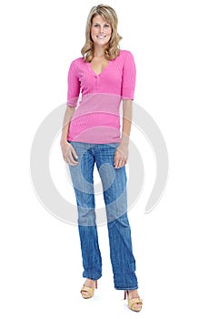 Full bodied casual beauty. Full length of a statuesque young woman isolated on a white background.