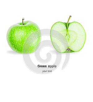 Full bodied Green apple effect and half cut, isolated on white background with clipping path.