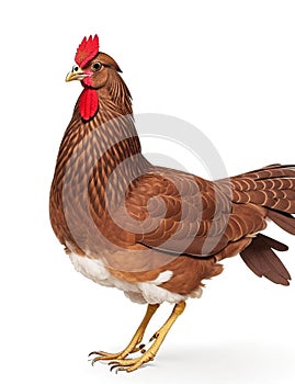 full body of brown chicken hen standing isolated white background