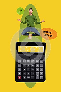 Full body collage photo of man practice yoga above calculator count numbers in mind isolated on yellow color background