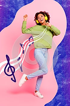 Full body collage of young careless energetic motion dance girl listen headphones itunes promo music notes isolated over photo