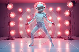 Full body of confident female in casual outfit and astronaut helmet with neon lamps dancing in studio.GenerativeAI.