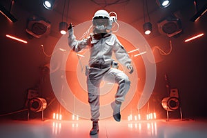 Full body of confident female in casual outfit and astronaut helmet with neon lamps dancing in studio.GenerativeAI.