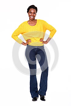 Full body confident happy black woman standing on white background