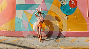 Full body female in feminine Easter bunny accessories against a vivid wall in contrasting colors, bright sunshine. photo