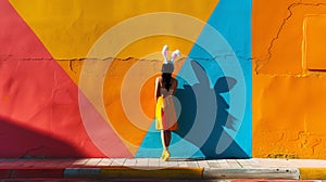 Full body female in feminine Easter bunny accessories against a vivid wall in contrasting colors, bright sunshine. photo