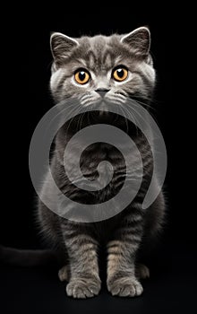 Full body front view studio portrait beautiful gray british cat sitting and looking in camera isolated on black background.