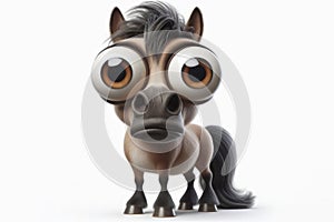 full body Funny Portrait of surprised horse with bulging big eyes on solid white background. ai generative