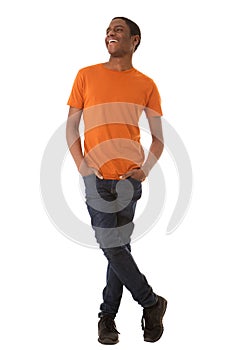 Full body happy african american man against isolated white background