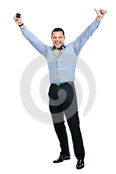 Full body of happy gesturing young smiling business man