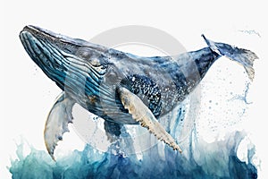 Full Body Humpback Whale watercolor, predator animals wildlife. Animal Art Painting