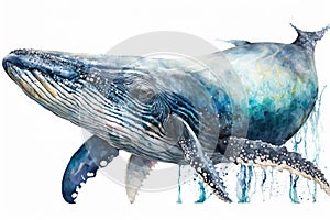 Full Body Humpback Whale watercolor, predator animals wildlife. Animal Art Painting