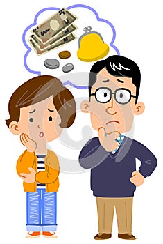 Full body illustration of couple worried about money