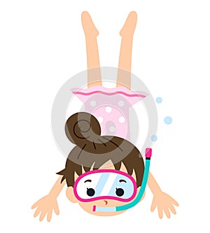 A full body illustration of a cute girl wearing a swimsuit wearing a snorkel and diving underwater.