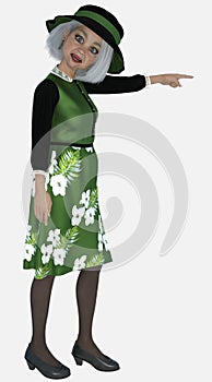 Full body image of Flossy, a beautiful silver-haired older woman pointing while standing on an isolated white background