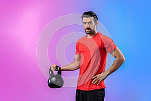 Full body length gaiety shot athletic and sporty man with kettlebell