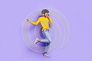 Full body length size photo of energetic dance positive guy careless chill have fun wireless headphones  on