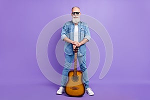 Full body photo of aged man happy positive smile guitarist artist star isolated over purple color background