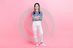 Full body photo of business coach young woman folded hands wear stylish smart casual garment advert new company isolated