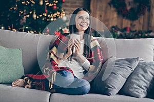 Full body photo of calm girl sit divan covered checkered plaid blanket have noel relax in her house with christmas
