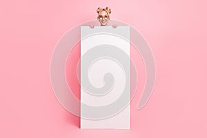 Full body photo of cute blond lady hide advert wear eyewear isolated on pink background