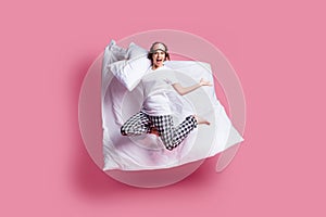 Full body photo of funny lady jump high hold pillow blanket flight rejoicing saturday morning wear sleep mask white t