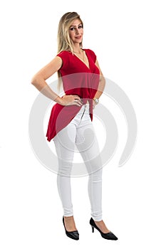 full length portrait of woman. Blonde person and wearing red clothes. Isolated.