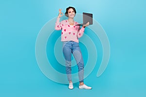 Full body photo of young woman wear pink cardigan print strawberry style show okey symbol laptop good job isolated on