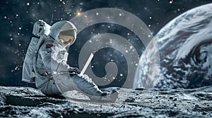 A full-body portrait of astronaut sitting on the moon surface and using a laptop.