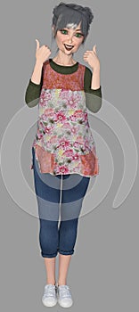 Full body portrait of a beautiful older gray-haired cartoon gardener woman giving the thumbs up on an isolated background