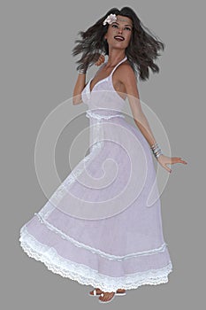 Full body portrait of a beautiful young brunette woman spinning or dancing on an isolated background