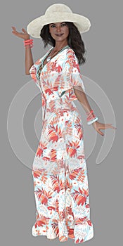 Full body portrait of a beautiful young brunette woman on a tropical holiday standing on an isolated background