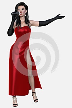 Full body portrait of a beautiful young dark-haired woman in a slinky red dress standing on an isolated white background