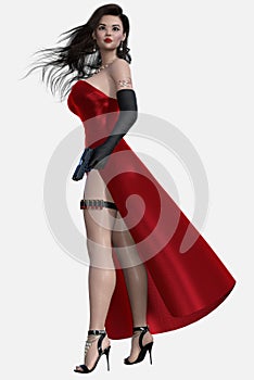 Full body portrait of a beautiful young dark-haired woman in a slinky red dress standing on an isolated white background